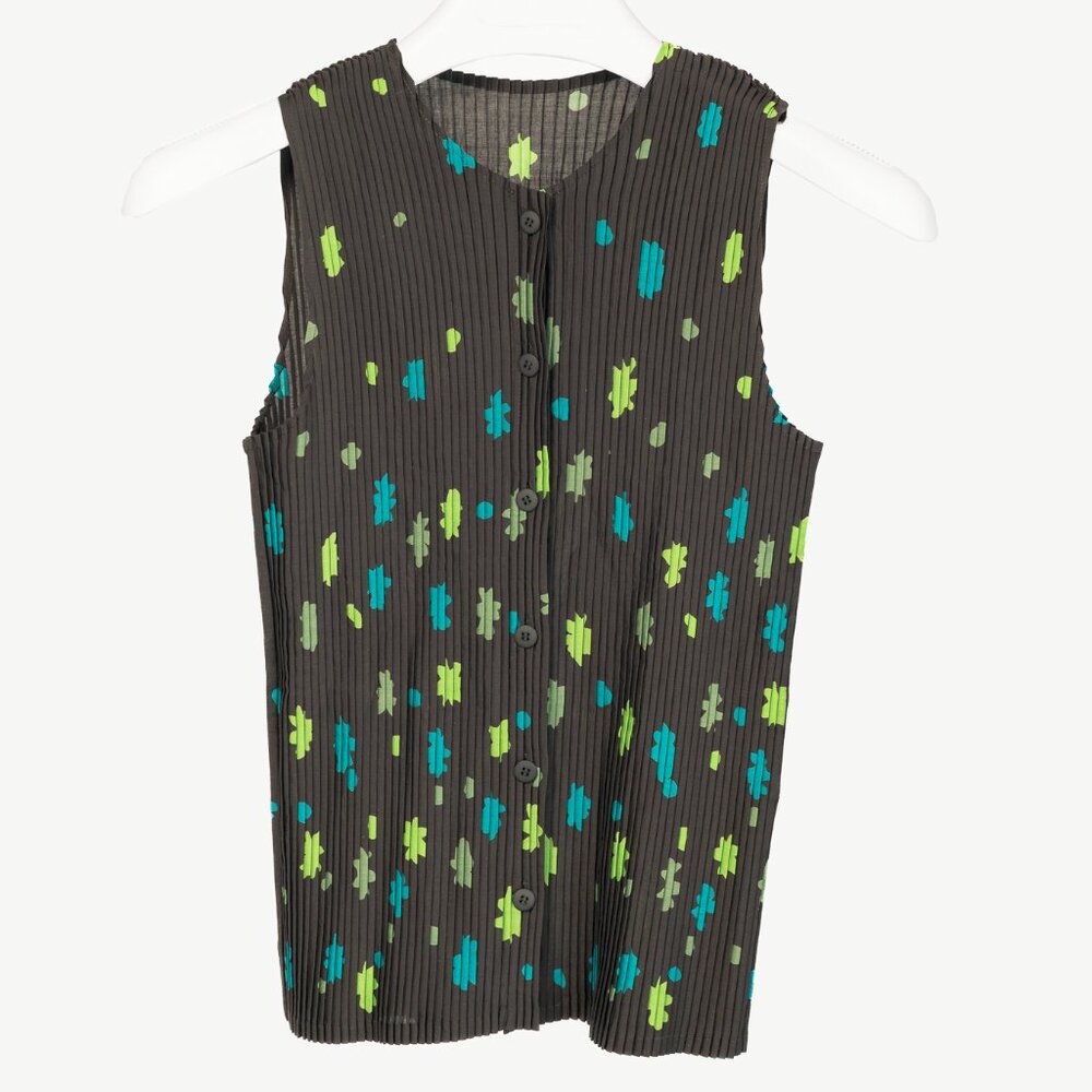 Issey Miyake Green Floral Pleated Sleeveless Buttoned Top